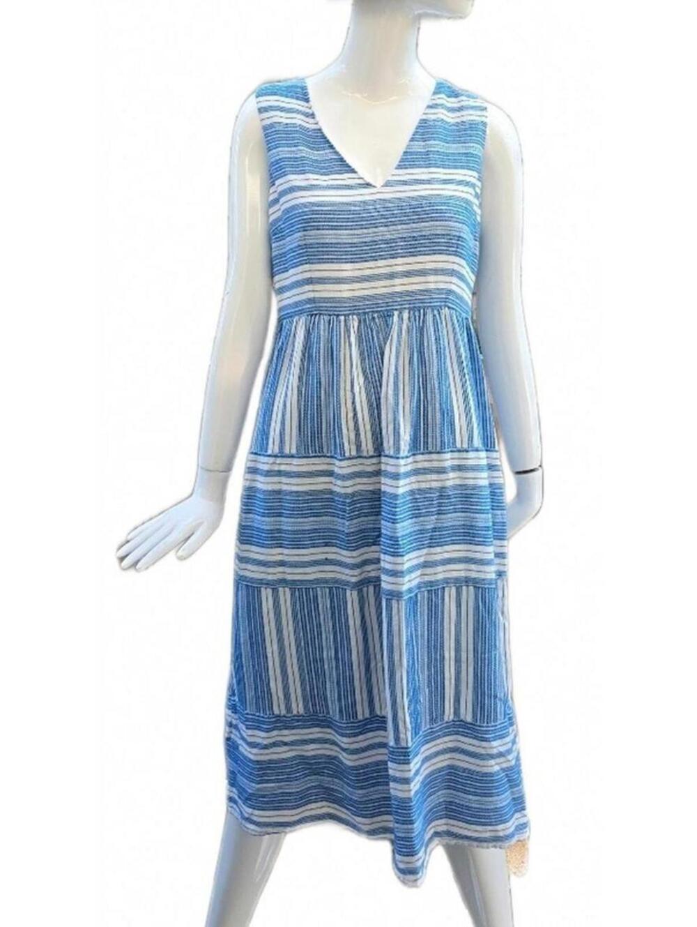 Megan Park Blue And White Striped V-Neck Cotton Midi Dress. Sleeveless Size 2